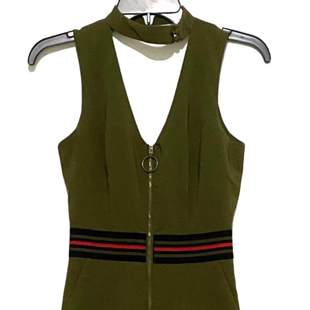 Y2K Choker Sleeveless Jumpsuit XS Olive Green Military Utility Chic Grunge - Picture 2 of 7